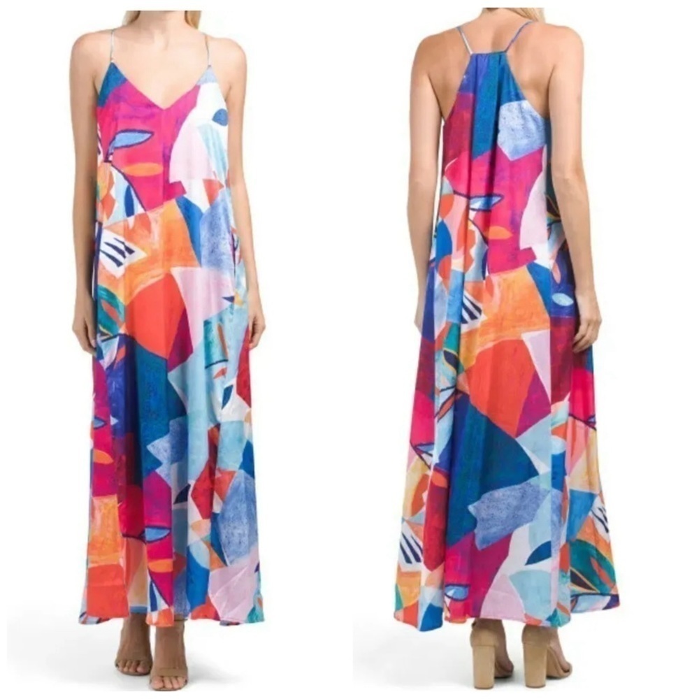 Nicole Miller Watercolor Mixed Print Satin Maxi Dress Pink Blue Plus Size 2X - Picture 16 of 16